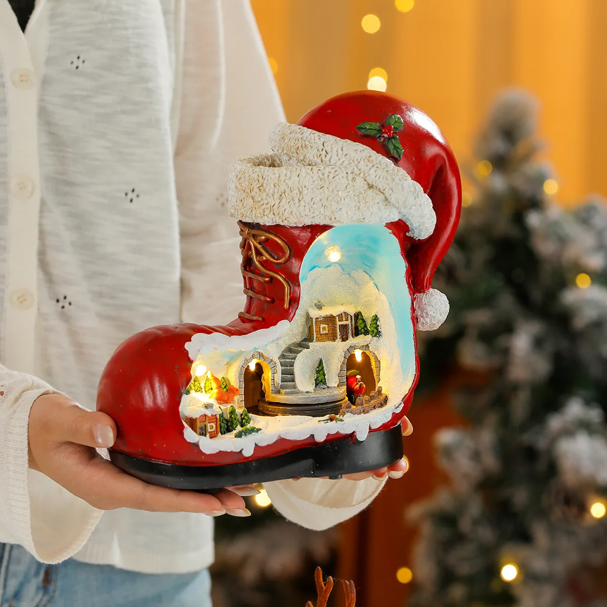 Creative Boots Micro Landscape Resin Rotating Luminous Elderly Music Box Christmas Gift Decoration