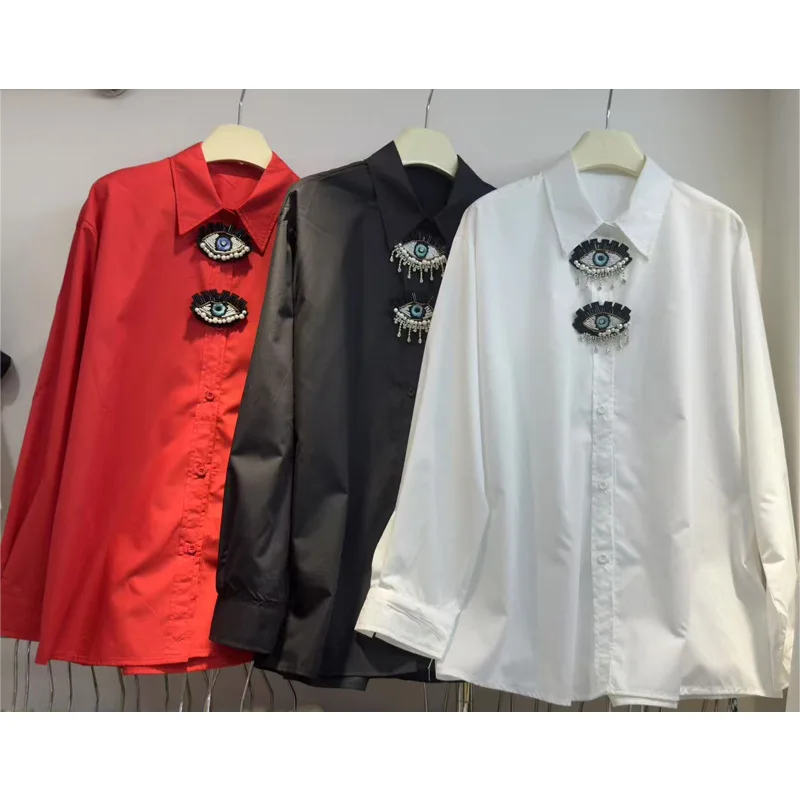 2025 Autumn Elegant White Shirt Top Cute Cartoon Eyes High-end Beaded Personality Long Sleeve Blouse for Women Camisas De Mujer