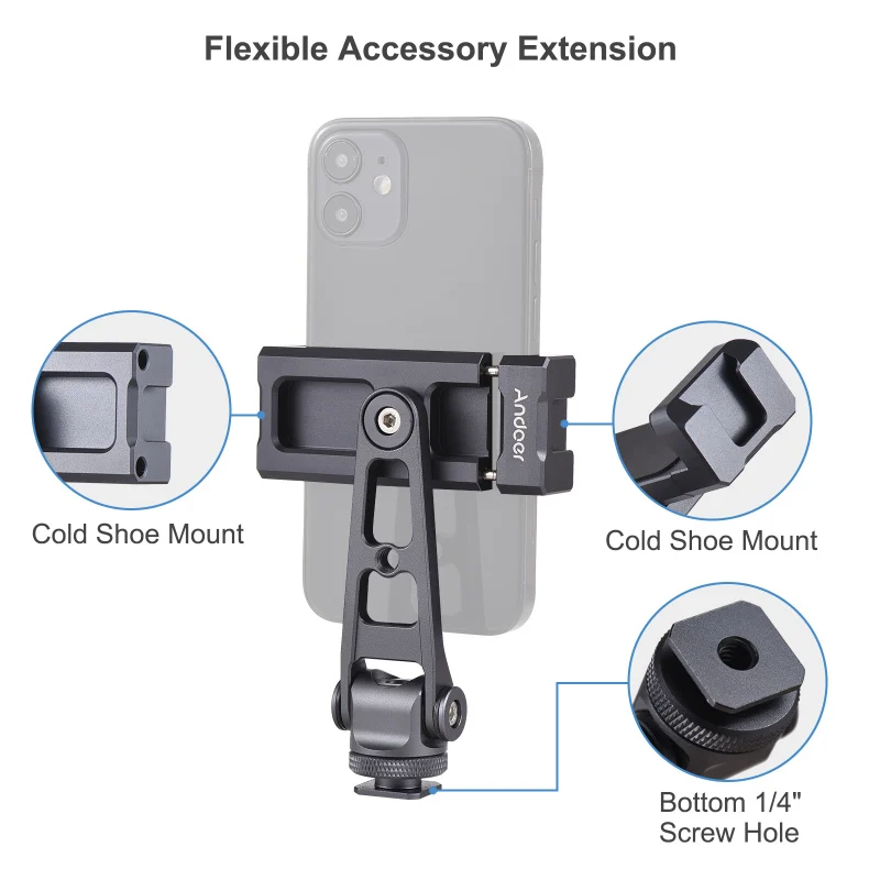 Andoer Phone Holder Clamp Phone Tripod Mount Aluminum Alloy 360° Rotatable with Dual Cold Shoe Mounts for Phone Vlog Selfie Live