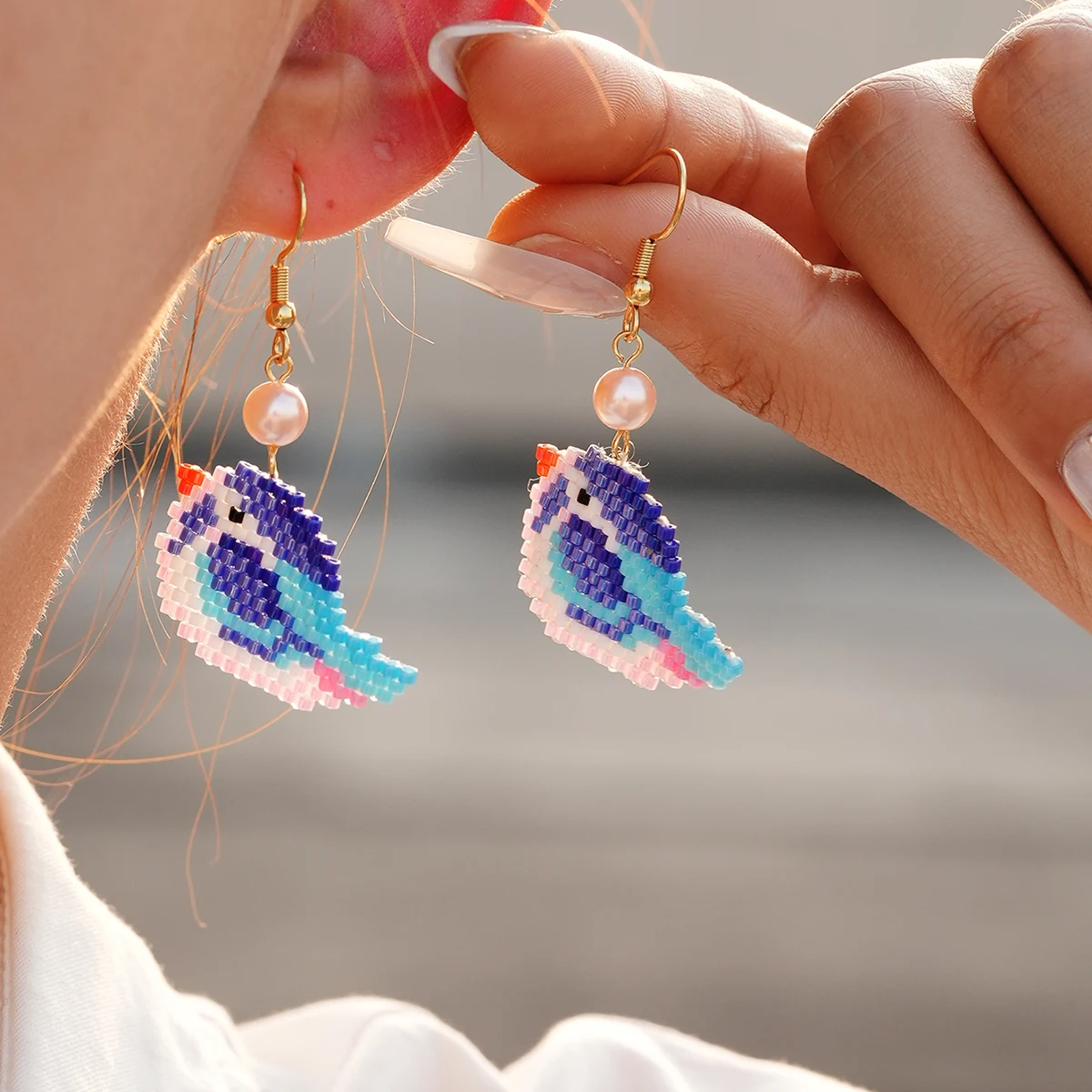 Beaded earrings Geometry Colorful Bohemia Alloy The bird Pattern female Hand-woven Trend Simple Original Rice bead earrings