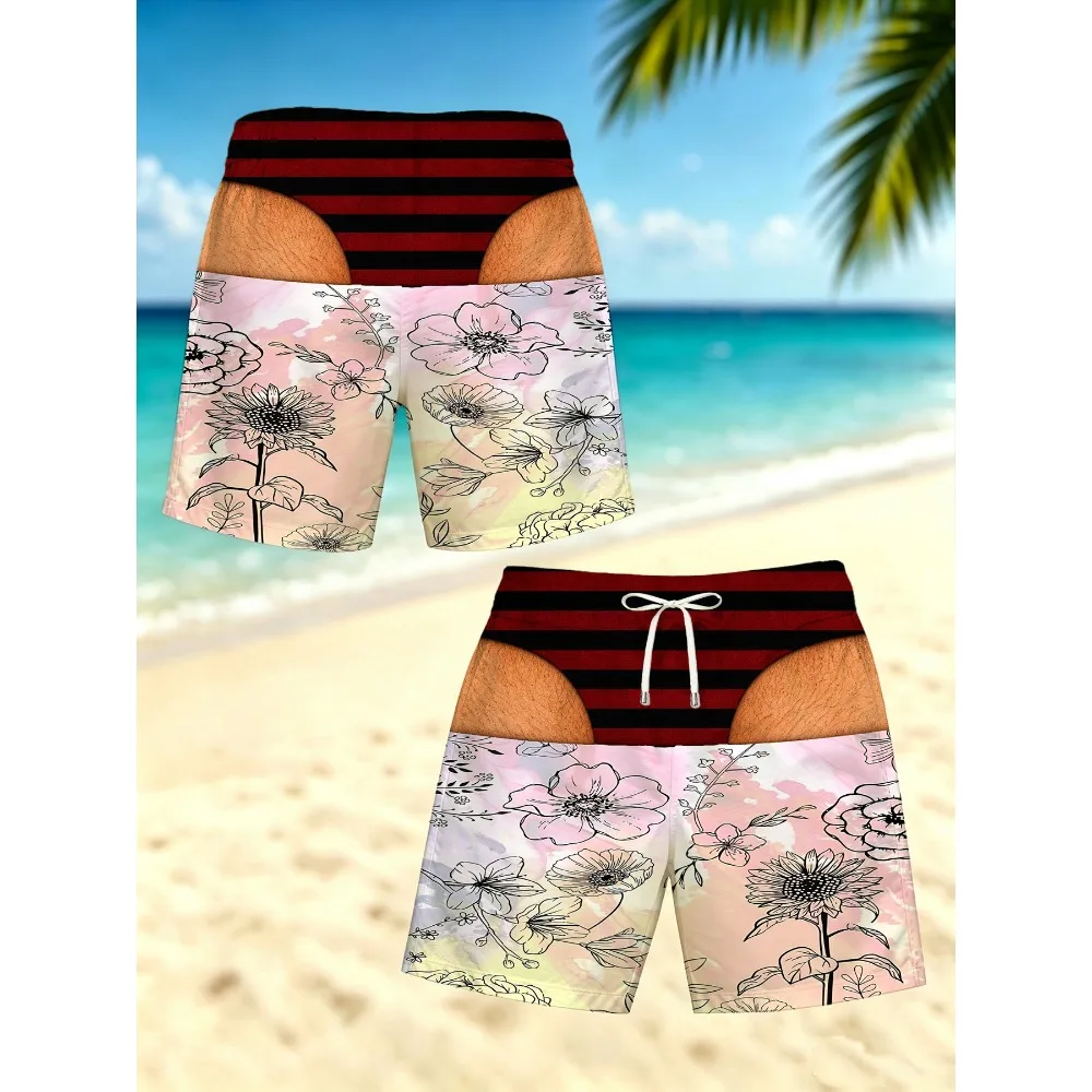 Men Summer Beach Shorts Optical Illusion Fake Briefs Watercolor Floral Sketch Boardshorts for Pool Party