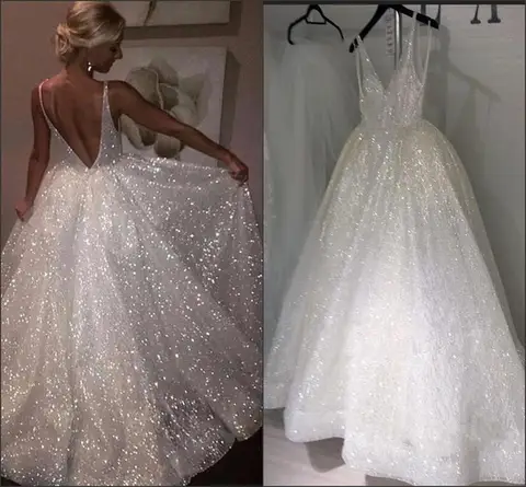 Glitter Women's Wedding Dress V Neck Wedding Dresses Bridal Gown Customized Simple Wedding Dress Bridal Beach Wedding Gown