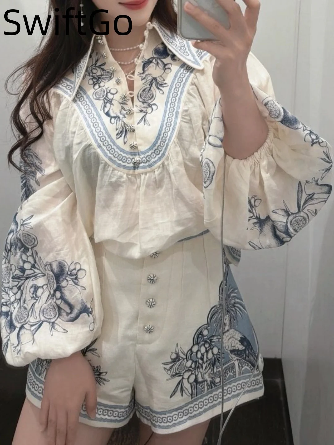 Breathable Linen Shirt Lantern Sleeve Floral Print Lightweight Women's Fashion Set with Shorts Comfortable Loose Fit All Seasons