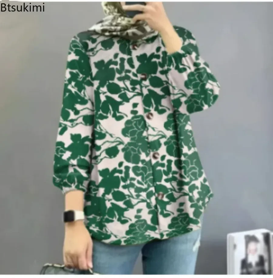 2025 Women Bohemian Blouse Vintage Floral Print Long Sleeve Lace-up Shirt Tops Casual Fashion Muslim Abaya Holiday Blusas Mujer