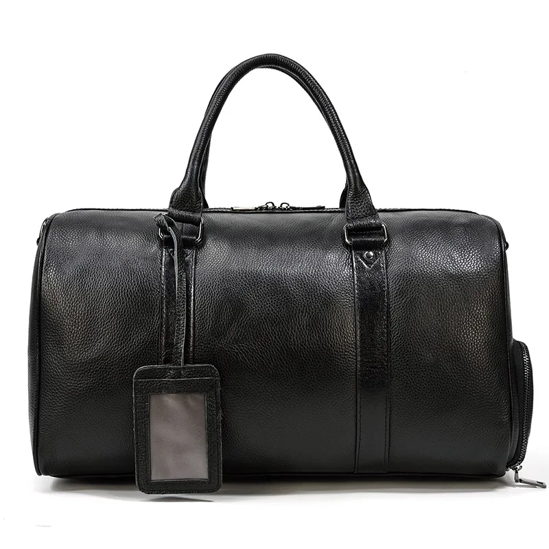 

22 inch Men's leather travel bag Women's black fitness bag Waterproof handbag Head layer cowhide Cross body bag and shoulder bag