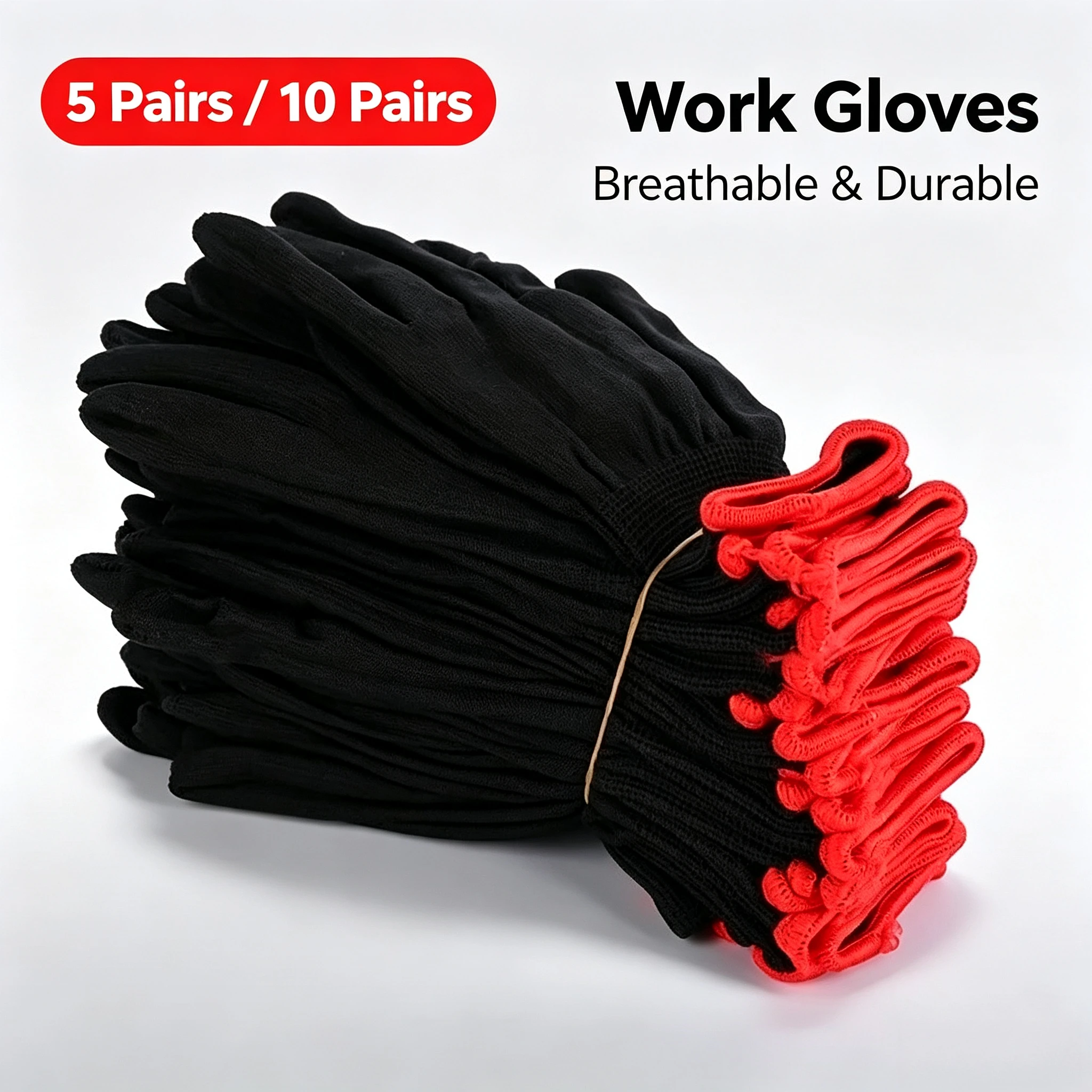 5/10 pairs Black Cotton Work Gloves with Red Cuff, Breathable Durable Light Duty Protective Gloves for Household Cleaning