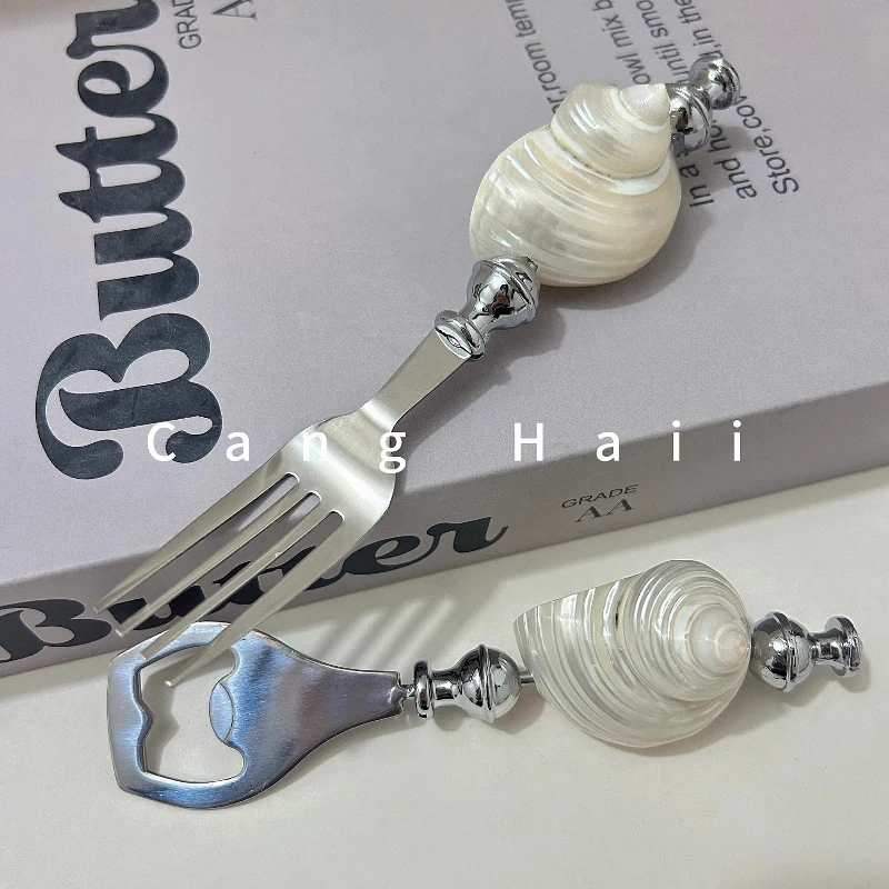 

Ocean Themed Bottle Opener Fork, Shell Pearl Seafood Utensil, Exquisite Stainless Steel Cutlery, Unique Beach Party Serving Set