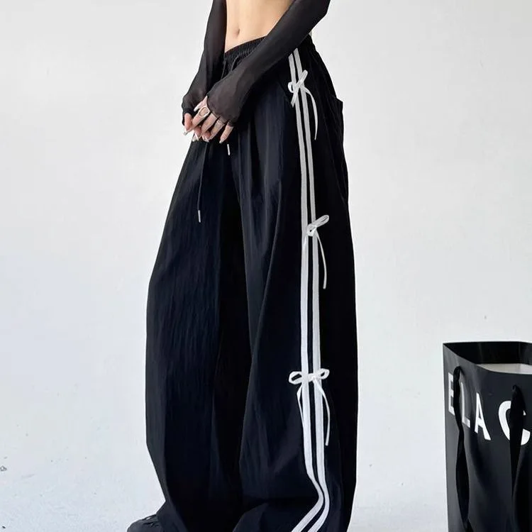 XIZOU American Style Retro Side Stripe Knot Dstring Wide Leg Pants Women High Waist Casual Sports Trousers Workwear Straight