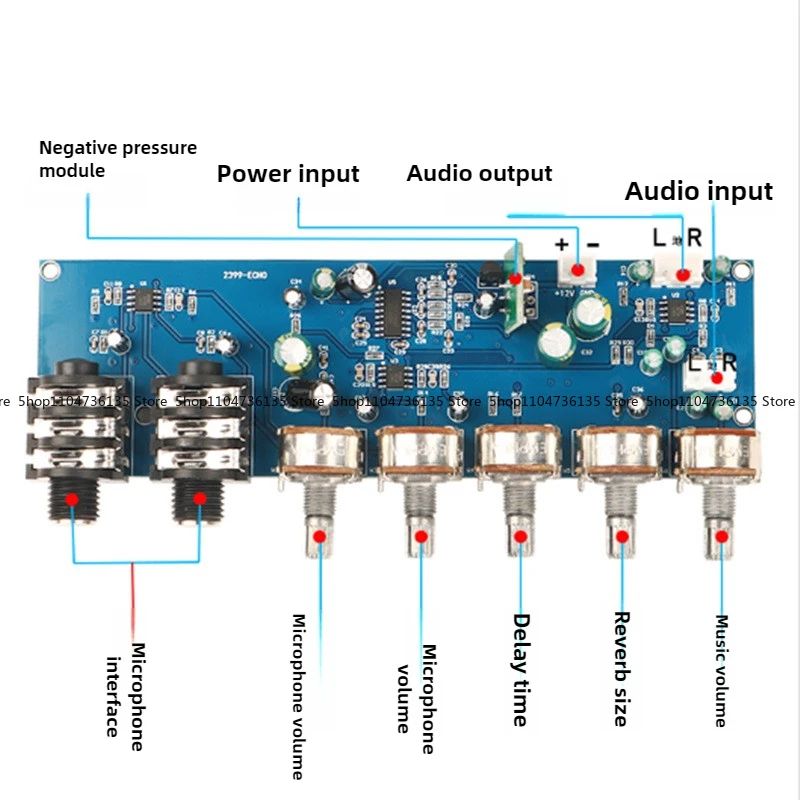 PT2399 Karaoke Reverb Board KTV Microphone Front Amplifier Board, Single Power Supply DC 12V Built-in Boost view 3