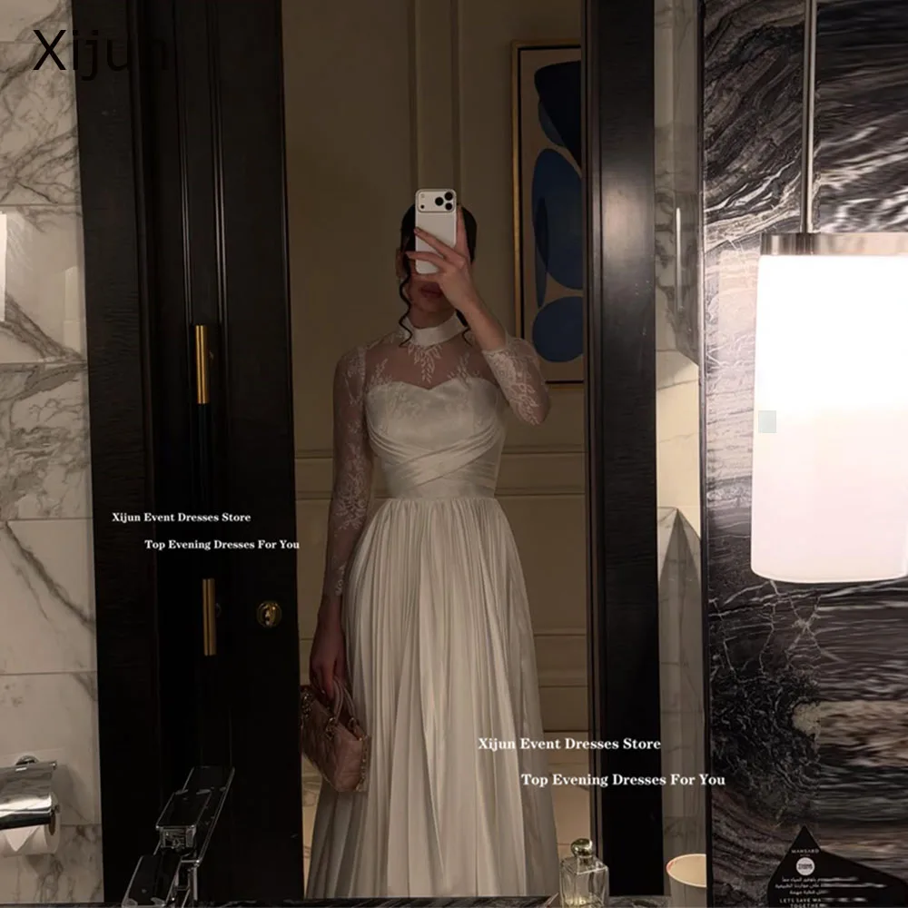 

Xijun Luxury Ivory Satin Evening Dresses Lace Sleeves High Collar Pleated Prom Dresses A-Line Corset Dubai Prom Gowns Customized