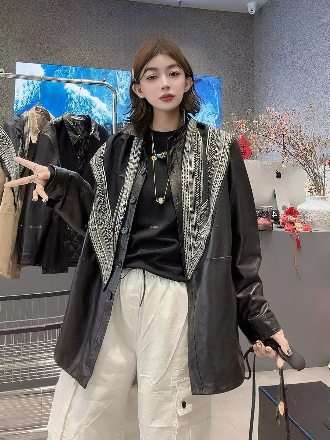 

Ning 2026 New Sle Women's Leather Jaet Genuine eepskin Long Sve Zipper Closure Slim Fit Luxury Feel Coat