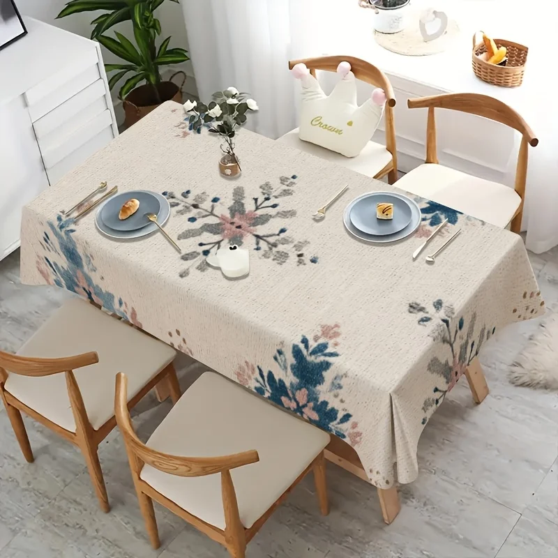 Vintage Blue Pink Floral Tablecloth, Linen Texture Watercolor Flower Print Rectangular Table Cover for Dining Kitchen Home Decor