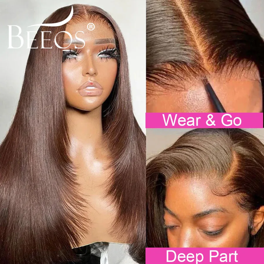Gluless Layered Cut #4 Chocolate Brown 5x5 HD Lace Closure Wigs Human Hair Silky Straight Pre Plucked Wear & Go Brazilian Wigs