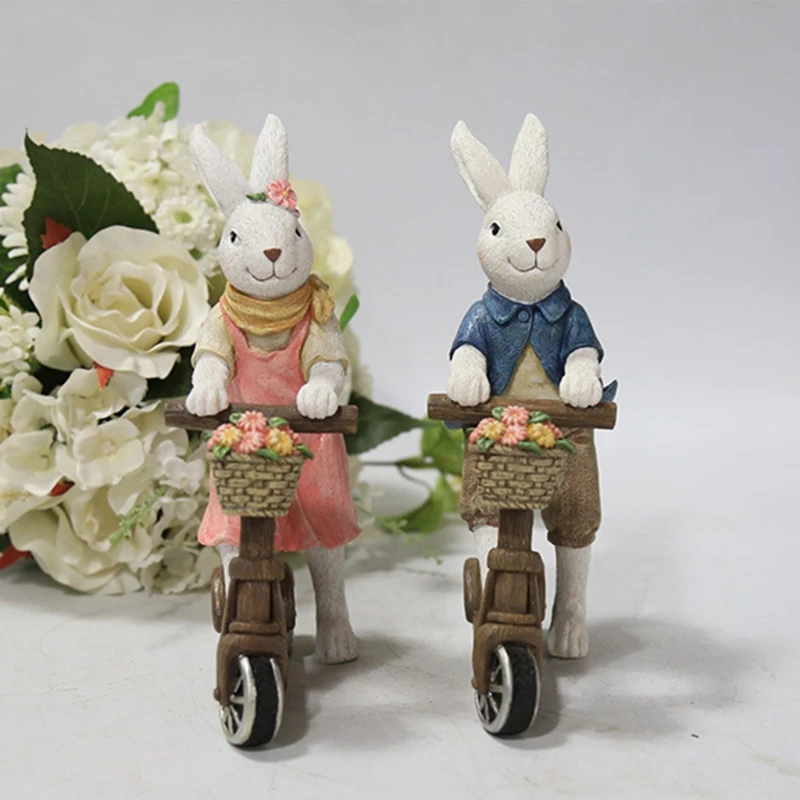 Riding Bunny Couple Ornaments Spring Easter Decoration Micro Landscape Figurine Drop shipping