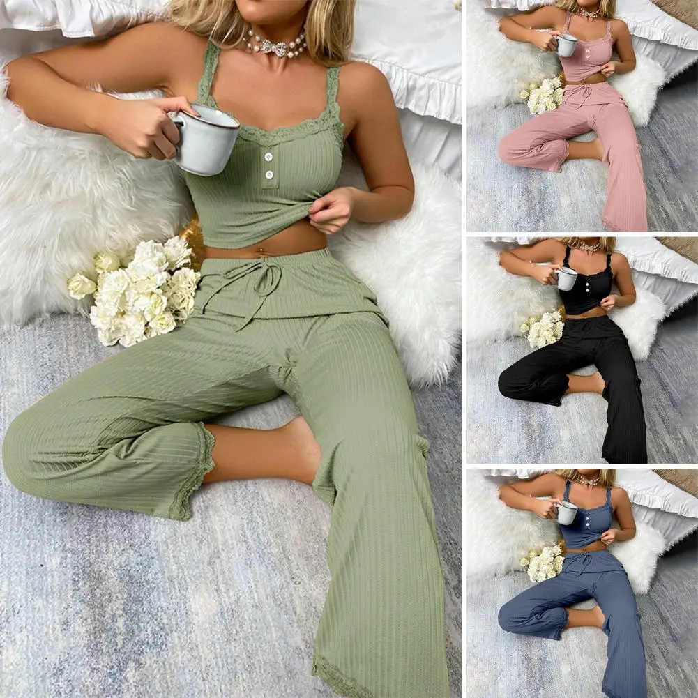 Conjunto de pijama de encaje recortado para mujer, ropa de estar por casa de dos piezas, elegante, con cintura con cordón, camiseta sin mangas de corte bajo para mujer para mayor comodidad