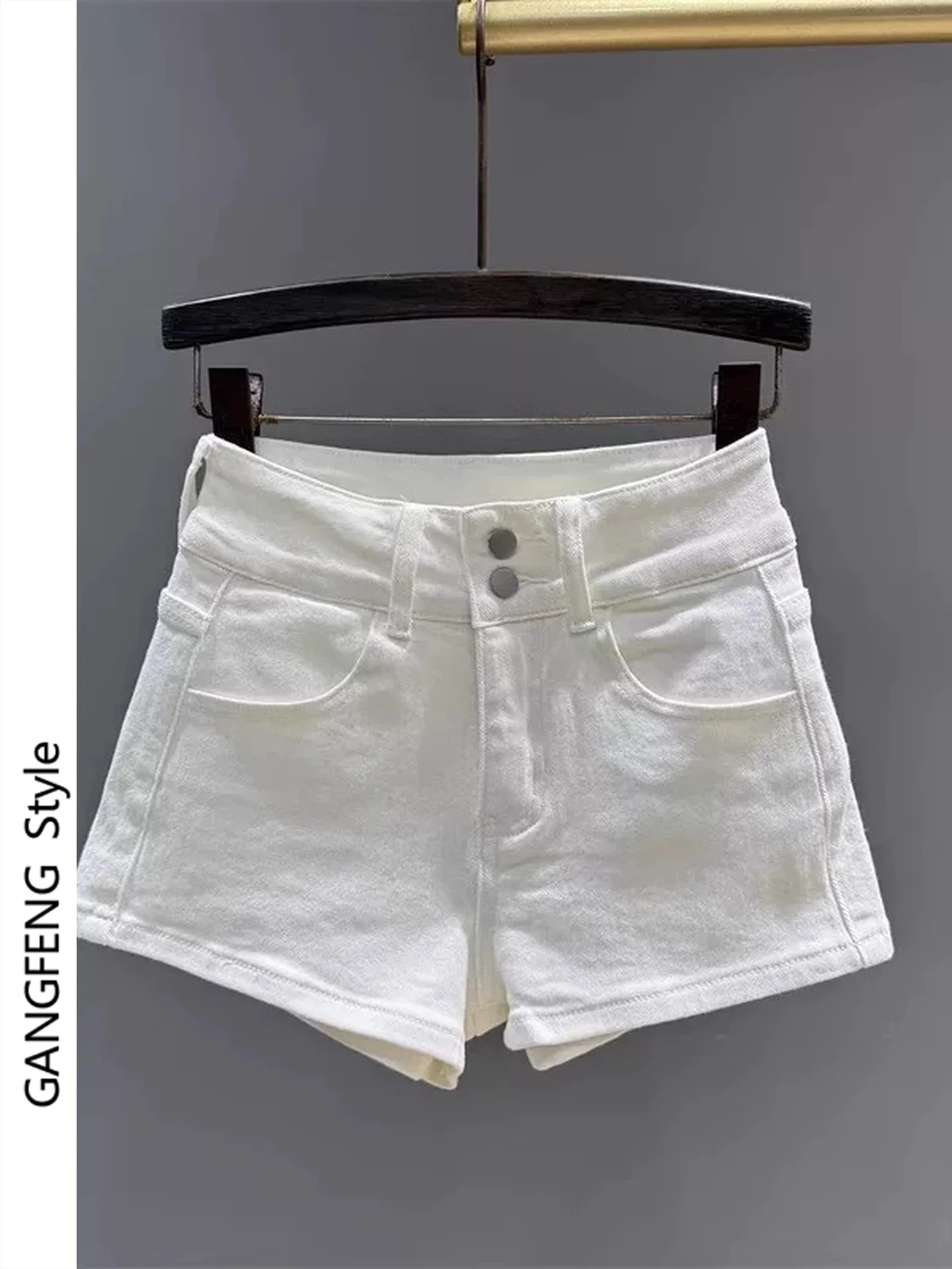 White Double Buckle Design Denim Shorts Women Sexy American Hot Girl Sexy Tight High Waist Slim A-Line Wide Leg Hot Pants