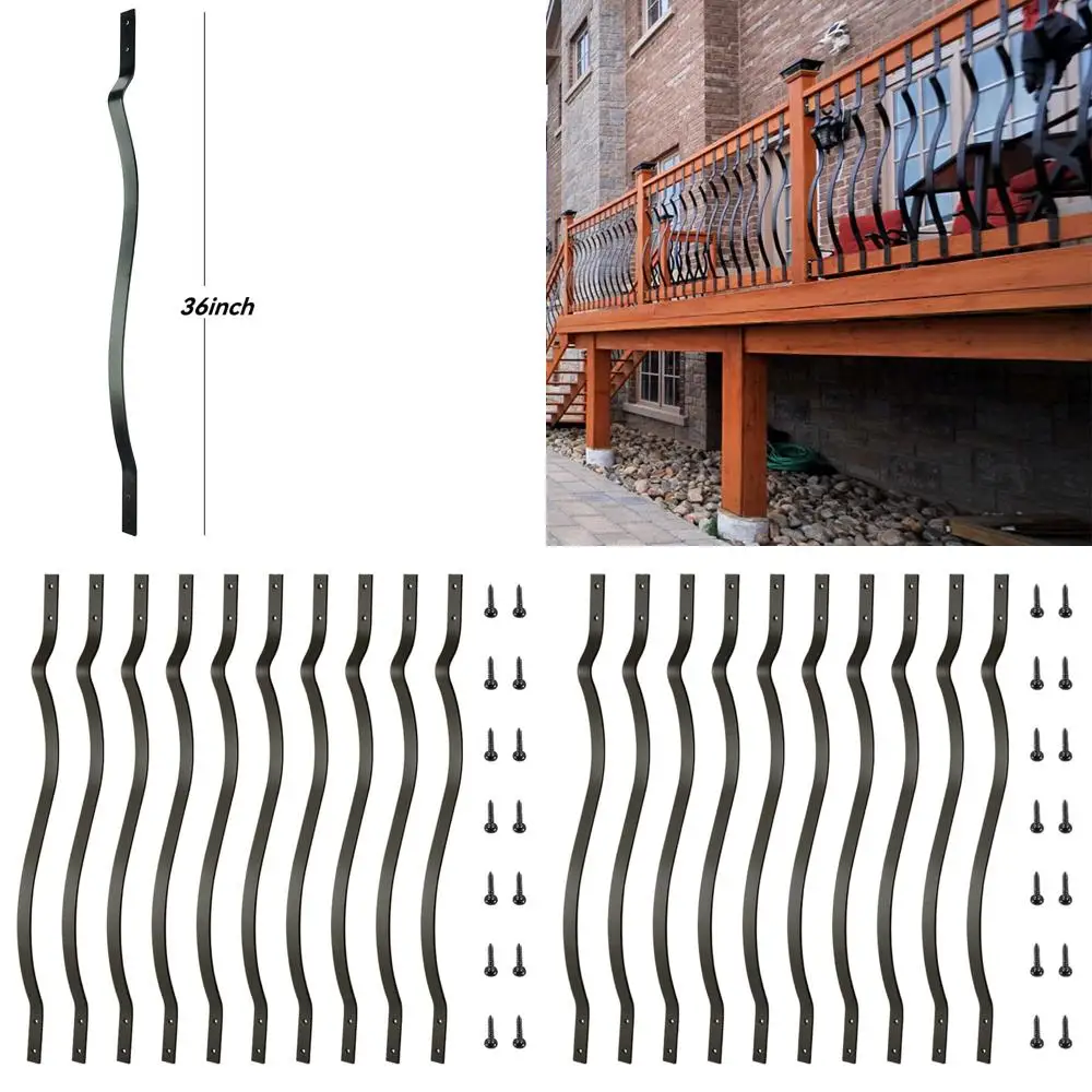 36 Heavy-Duty Outdoor Stair Railing with 51 Metal Wave Arc Spindles and Black Screws for Stylish Porch Safety