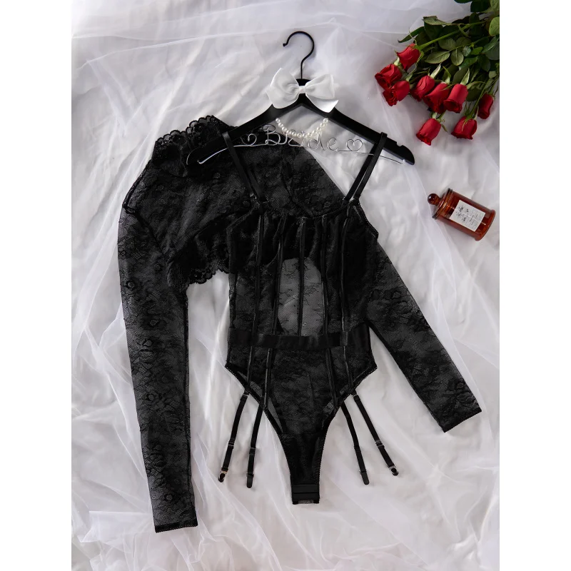 2025New حار بيع مثير شير الدانتيل حزام زر إغلاق قابل للفتح بذلة البلوز سترة مجموعة