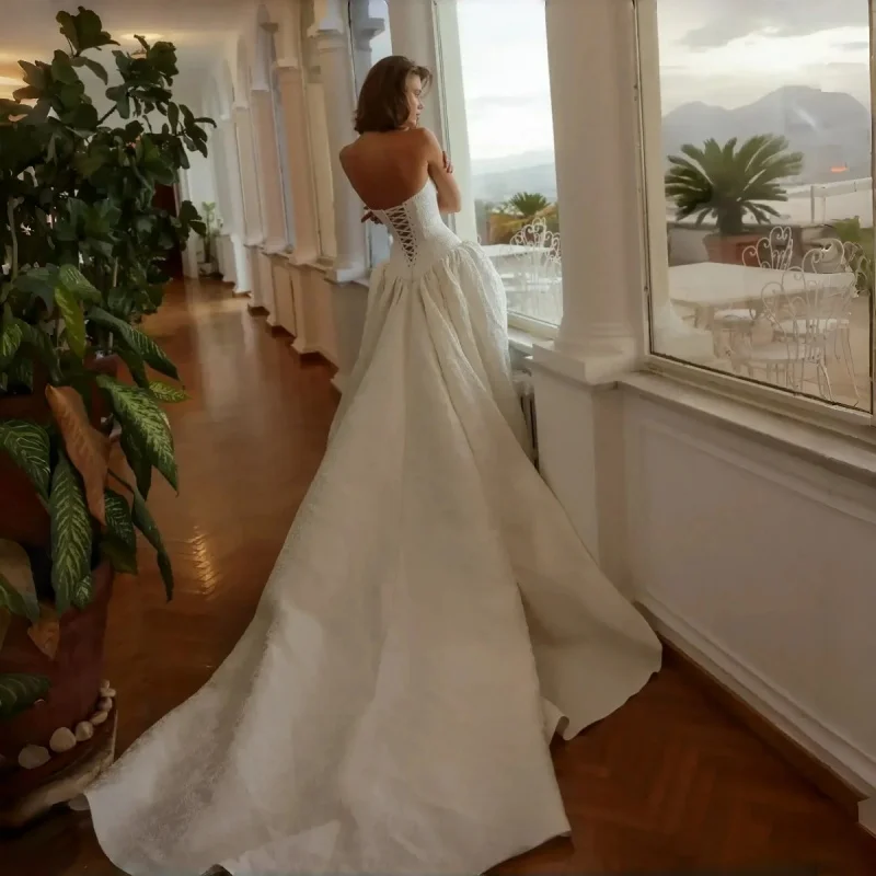 Strapless Neck High-Waist Gathered Jacquard Satin Ball Gown With Cathedral Train Minimalist Sculptural Bridal Gown Customizable