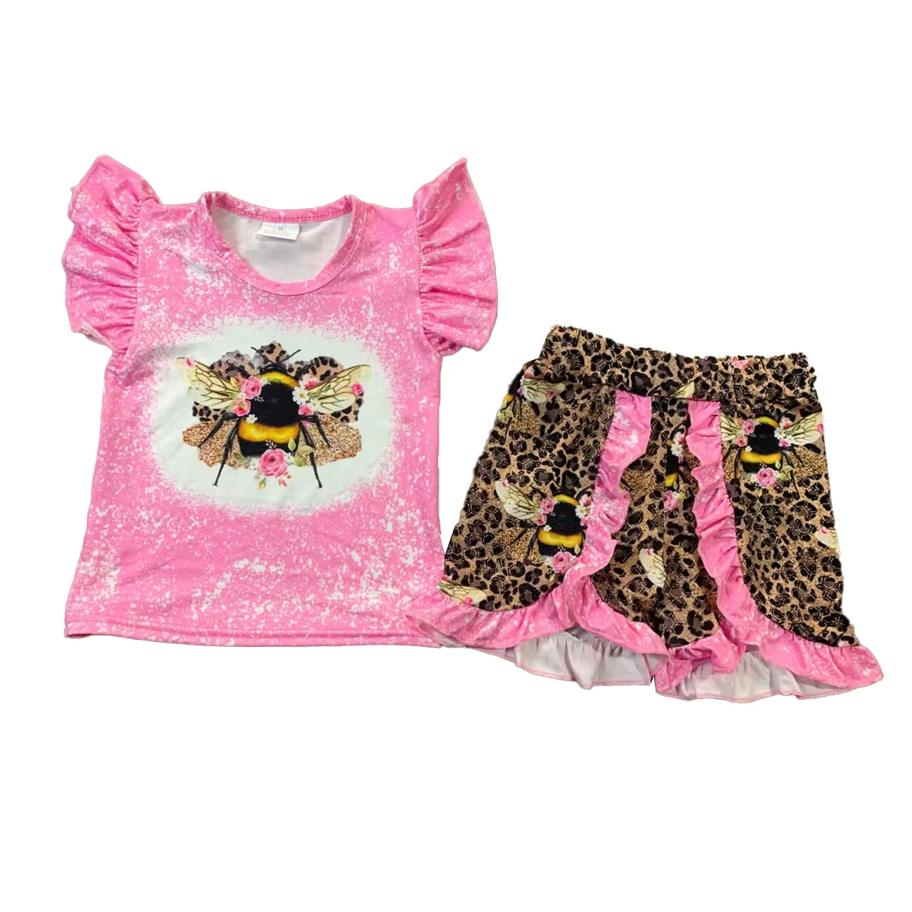 Toddler Girls Clothes Sets Pink Cartoon Bee Floral Shirts Cheetah Shorts Outfits Wholesale