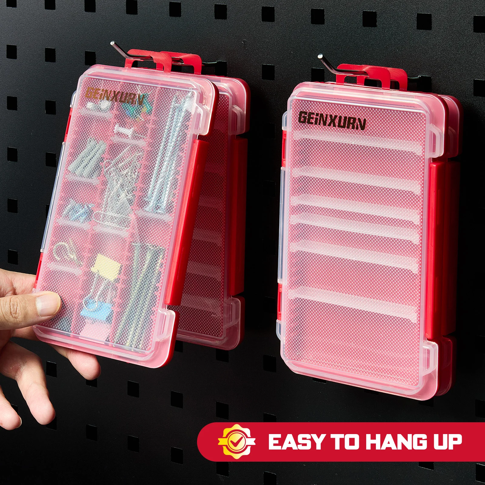 Geinxurn Small Flat Storage Parts Organizer,Red Portable Transparent Plastic Small Parts Tool Box with Removable Dividers