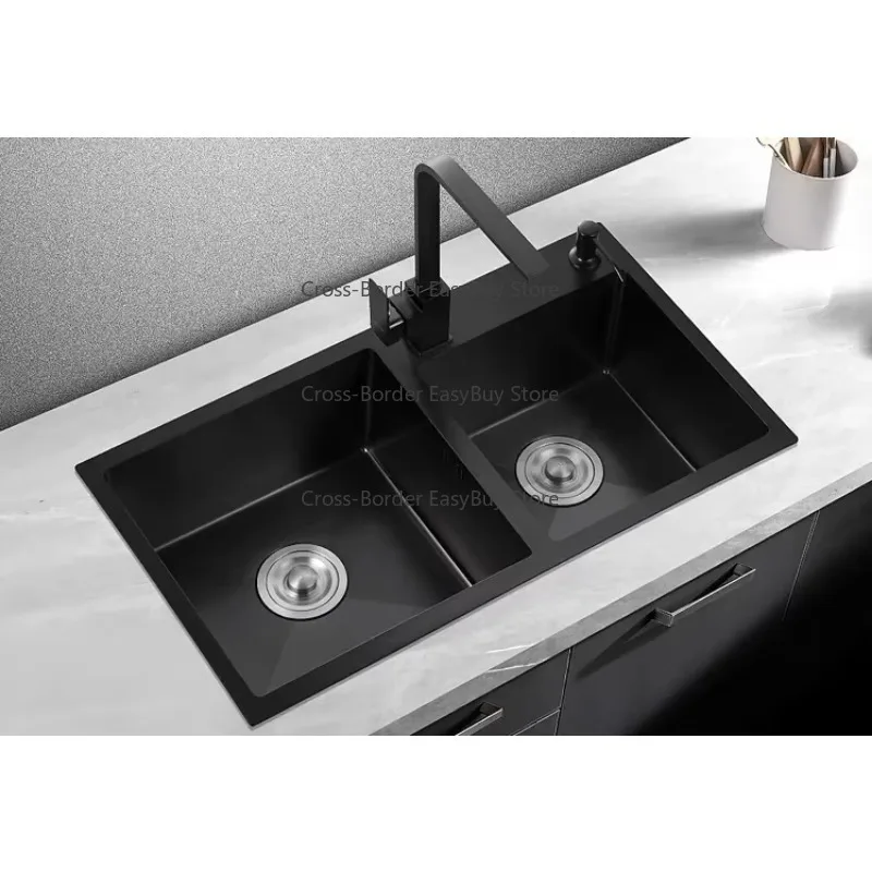 Modern Multifunctional Double Bowl Waterfall Faucet All Satin Stainless Steel Hand Painted Kitchen Sink for Apartment Use