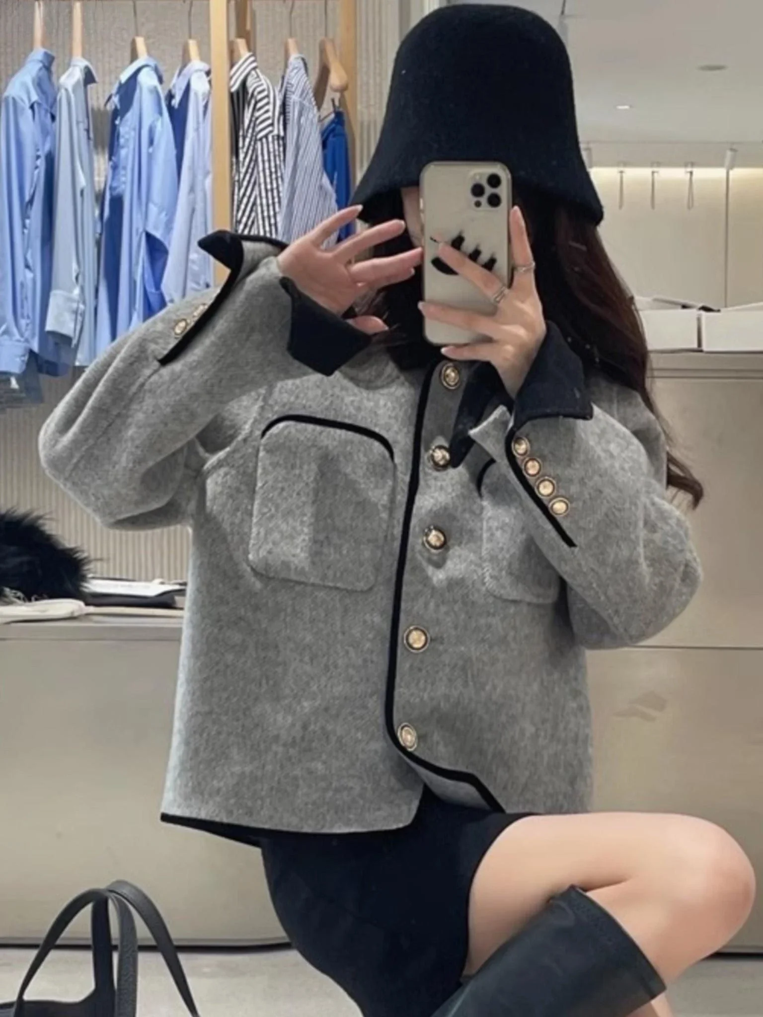 Stylish Color Blocking Wool Overcoat Short Jacket for Women Korean Style Spring Autumn Tweed Doll Top Short Length Coat