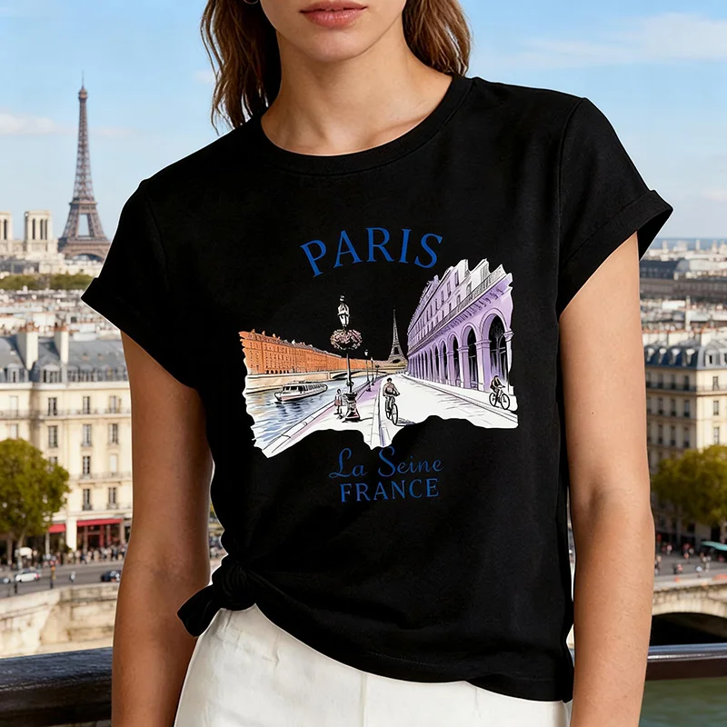 Lustiges Gothic T-Shirt für Damen, Lässiger Druck, Langarm, Rundhals-Oberteil, Modischer Trend, Paris-Schriftzug, Bedrucktes Shirt