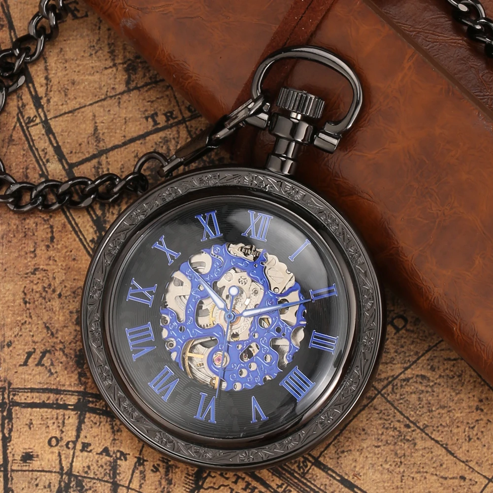 Luxury Vintage Roman Numerals Automatic Pocket Watch Men Fob Chain Mechanical Self Winding Open Face Chain Pendant Pocket Clock