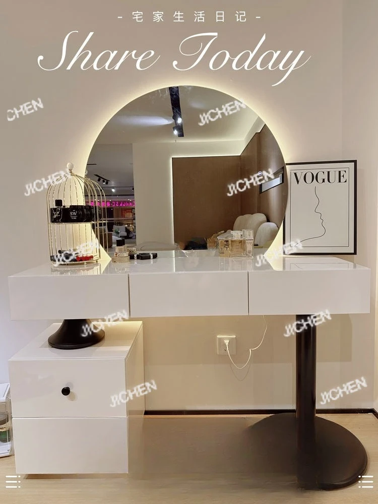 

Light Luxury Cream Style Dresser Bedroom Modern Simple Large Round Mirror I New Internet Celebrity Small Apartment Makeup Table