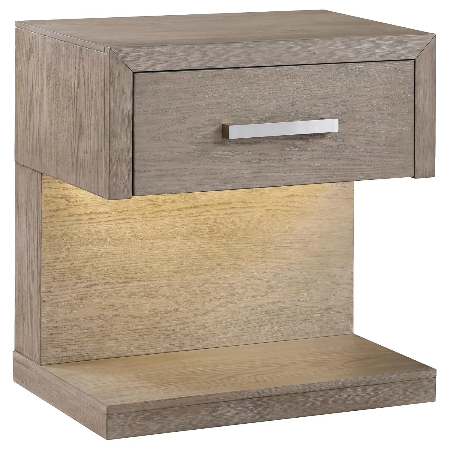 Wood Nightstand With LED Light & Open Shelf, Chrome Pull & Grain Details, Bedroom Furniture, 1-Drawer, Barley Brown, Customized
