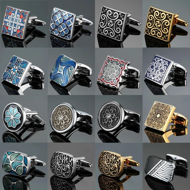 Classic men's French shirt cufflinks High-end Square retro pattern love rose blue cuffs button Business suit accessories jewelry