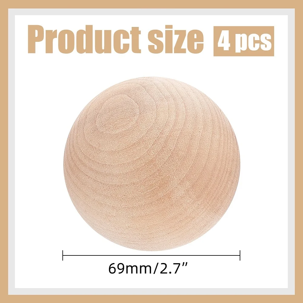 2.7Inch Wooden Round Balls 4Pcs Large Unfinished Solid Balls for DIY Crafts Smooth Hardwood Ball Loose Durable Round Wood Sphere
