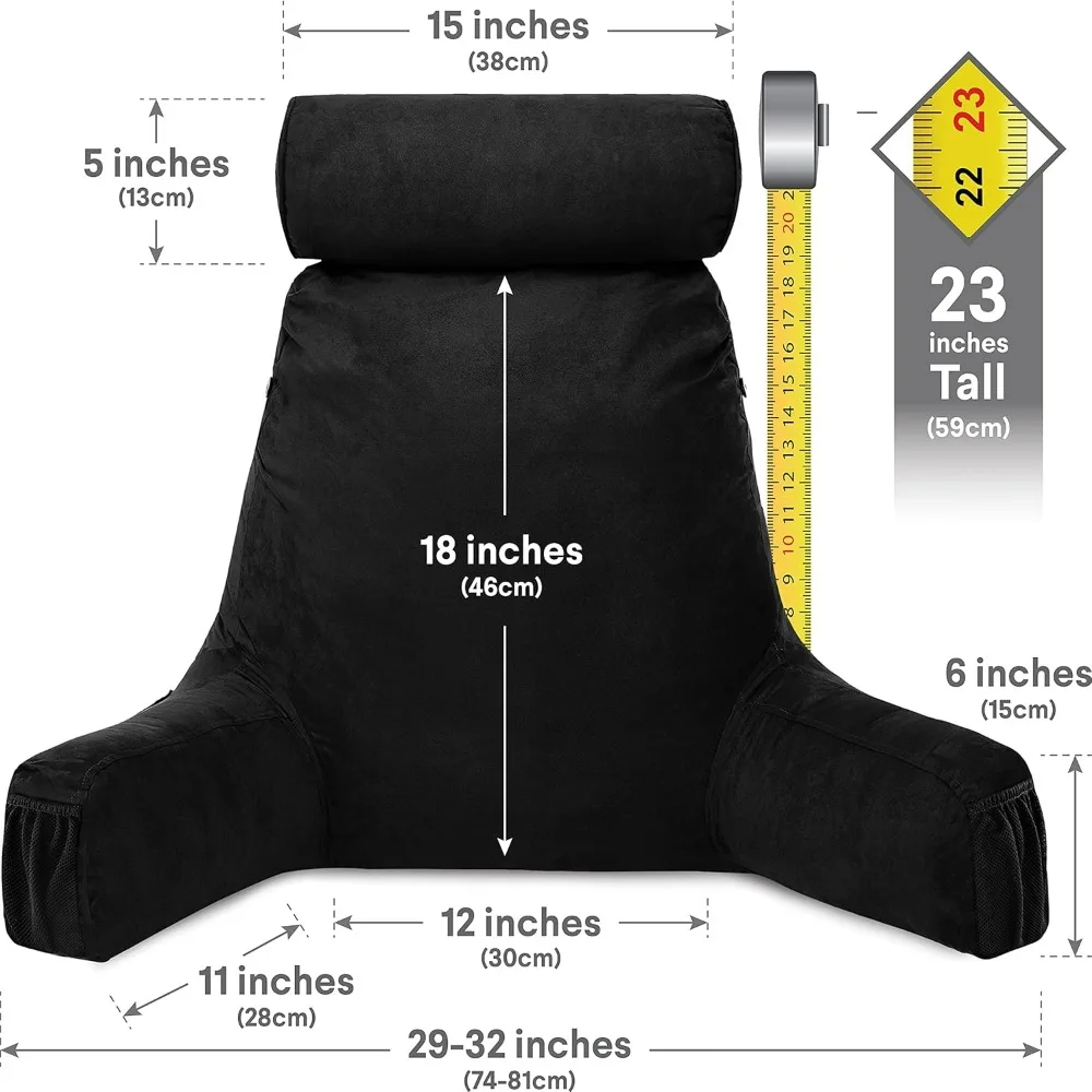 وسادة سوداء مستقرة متوسطة الحجم ومريحة للغاية مع أذرع لقراءة الجلوس ومسند السرير، لفة رقبة قابلة للفصل لـ Premium S