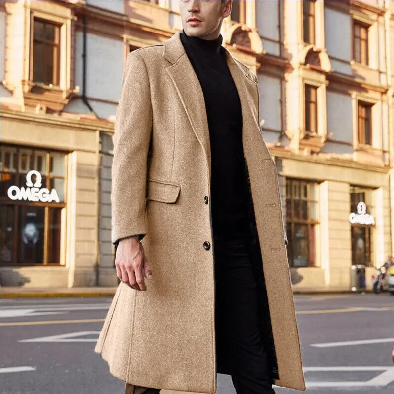 

2023 Autumn and Winter New Men's Long Solid Windbreaker Woolen Coat Warm Fit Coats Handsome Man Long Korean Coat Men