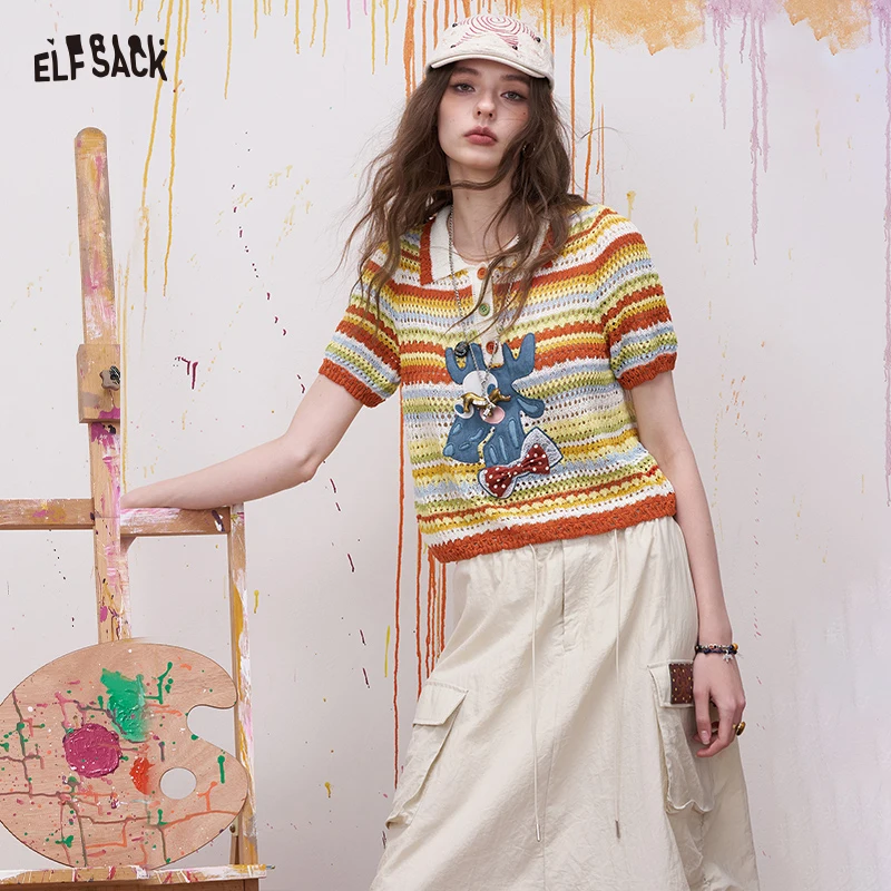 ELFSACK Colorful Striped Patchwork Knit Sweater, Rainbow Patch Detail Pullover, Casual Preppy Long Sleeve Top for Women