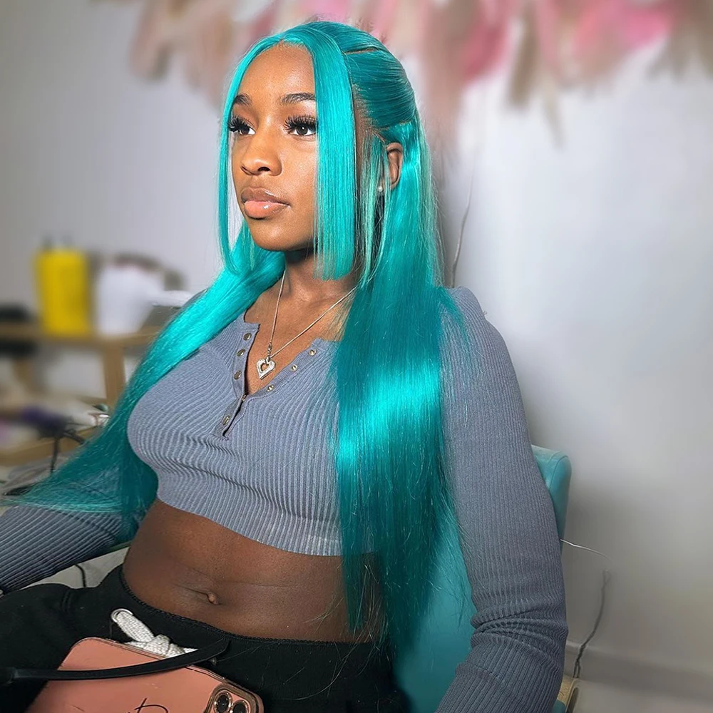 

Light Blue 13X6 HD Transparent Blonde Colored Lace Front Wig Pre Plucked 13X4 Cyan Green Lace Frontal Wigs For Women Human Hair