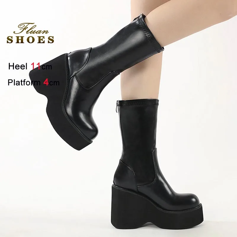 

New Women Black Mid-calf Boots Thick Soled Rear Zipper Short Boots Fashion Stretch Boots Autumn Super High Heels Single Shoes