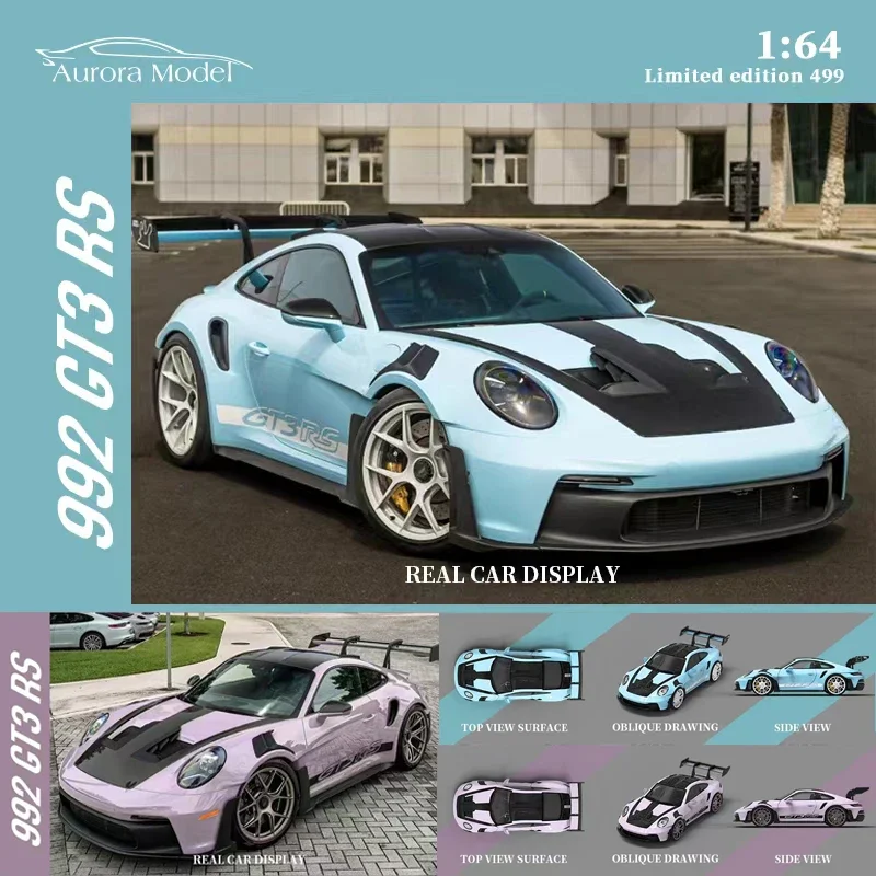 Auroramodel 1/64 992 GT3RS blue pink diecast diorama alloy car model collection miniature toy