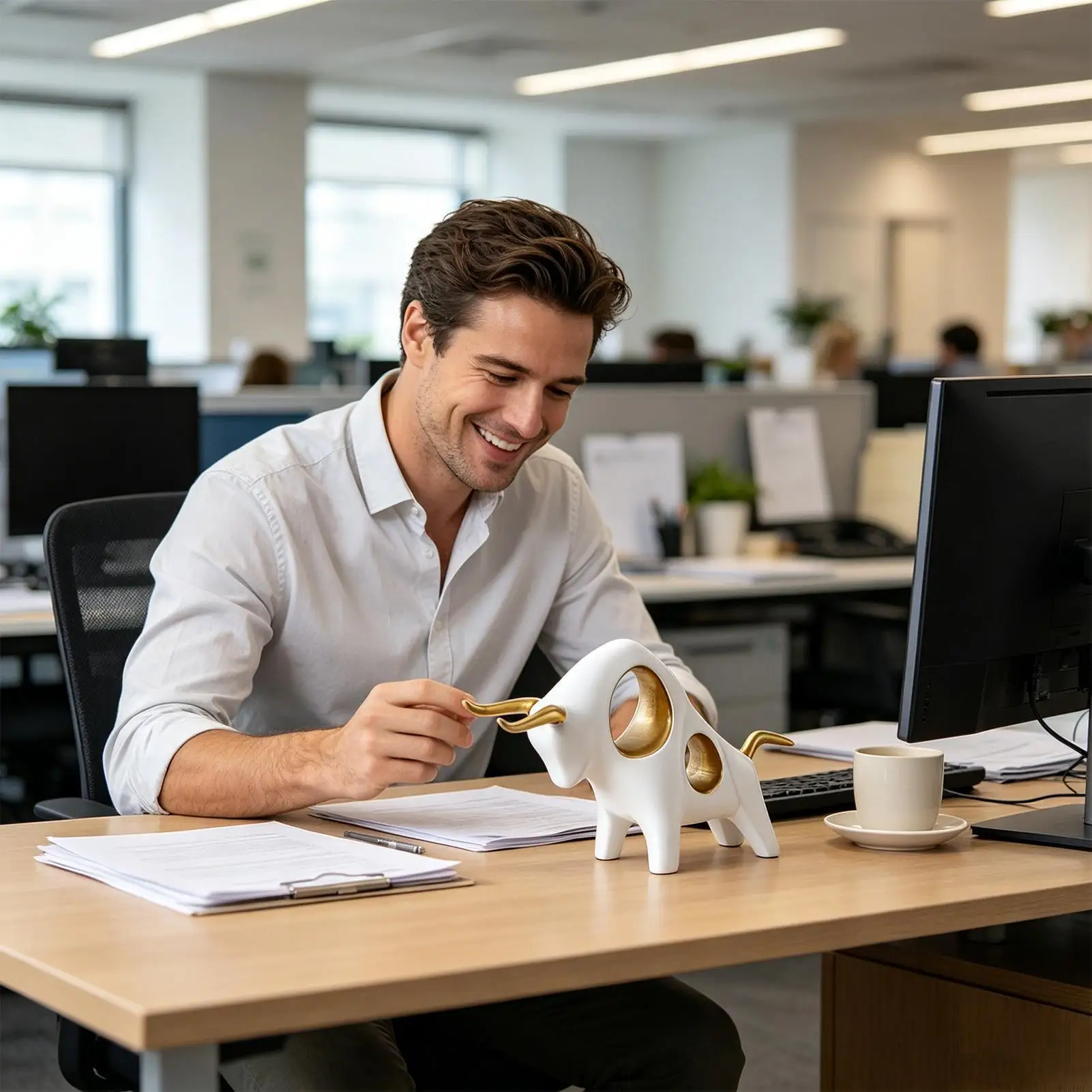 Bull Figurine Cute Resin Animal Ornament Handicraft Bull Ornaments For Bedroom Office Study Nursery Cabinets Shelf Bookshelves