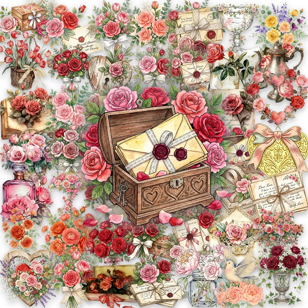 

10/30/50pcs Transparent Cartoon Rose Flowers & Letters Aesthetic Plant Graffiti Stickers Stationery Laptop DIY Cute Decals Decor