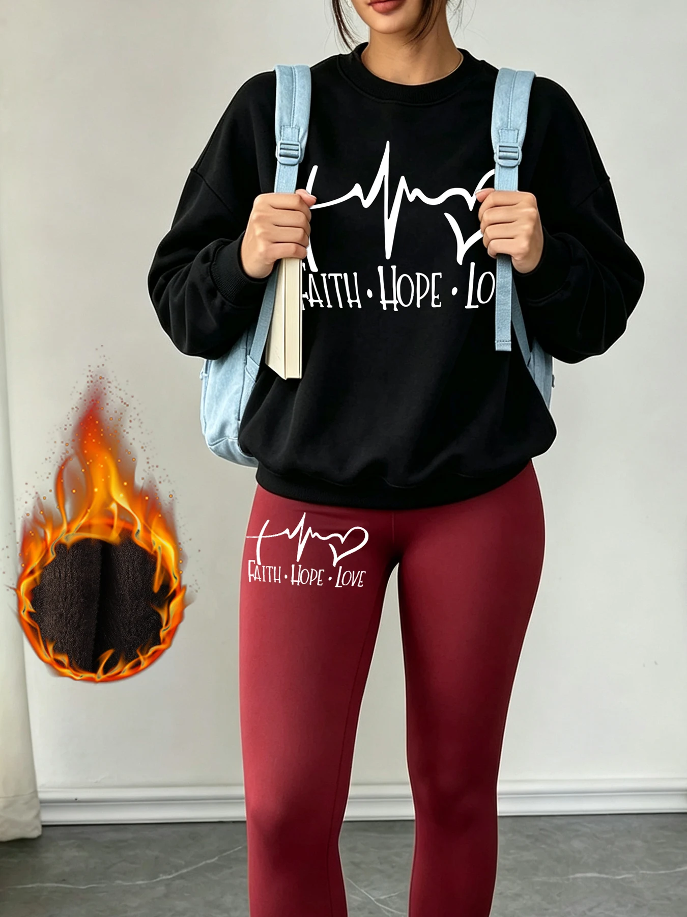Faith Hope Love Letter Graphic Printed Pullovers Women Y2K O-Neck Sweatshirt Set Autumn Thicken Leggings Comfortable Pants