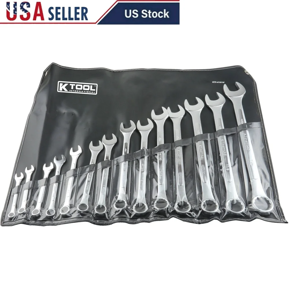 

14-Piece Combination Wrench Set Drop Forged Steel Chrome-Plated Heat-Treated Durable Organizer Kit Bag Tool Set
