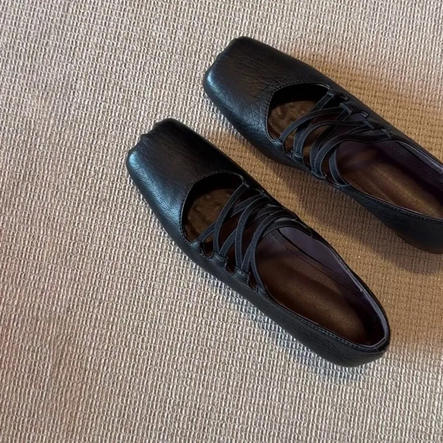 

Women Sheepskin Square Toe Slip-on Pumps Elastic Band Cross Strap Wedge Med Heel Casual Female Daily Dress Heels Shoes Fashion