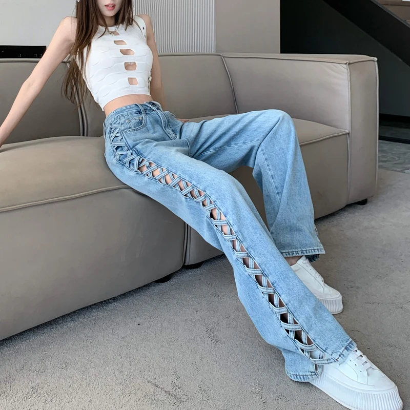 Fashion Braid Hollow Out Women Jeans High Waist Straight Denim Pants Spring Summer Casual Wide Leg Trousers Streetwear