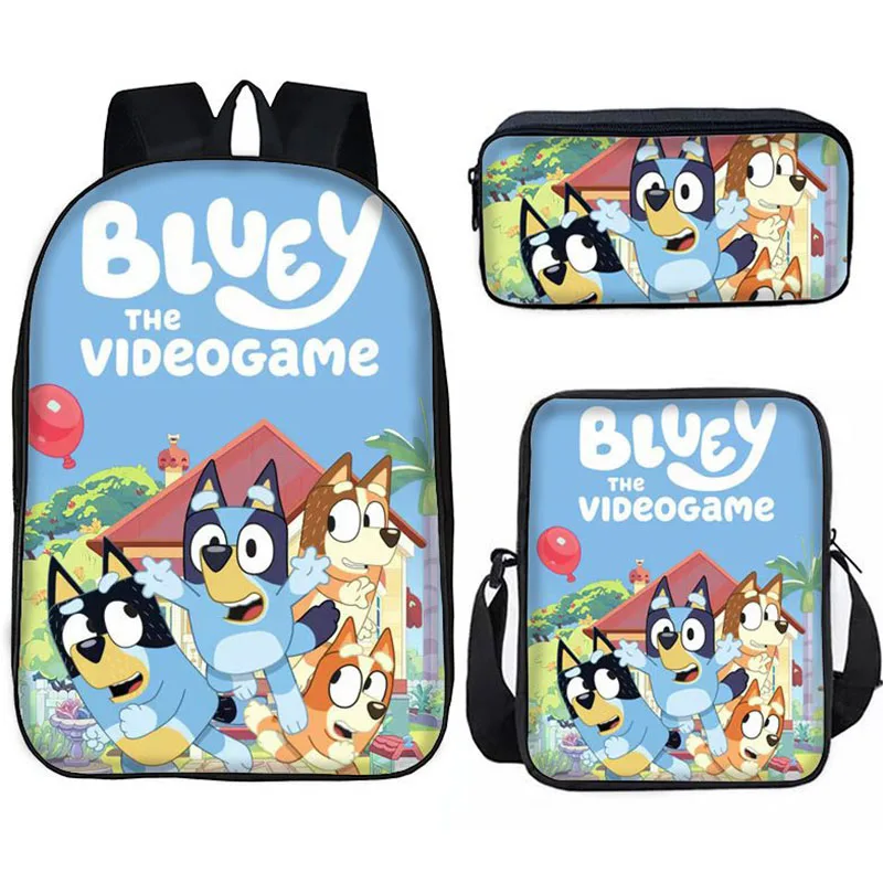 Juego de 3 Mochilas Escolares de Dibujos Animados de Bluey, Mochila de Hombro para Estudiantes, Estuche para Lápices, Mochilas Escolares Ergonómicas Ligeras, Regalos de Juguetes