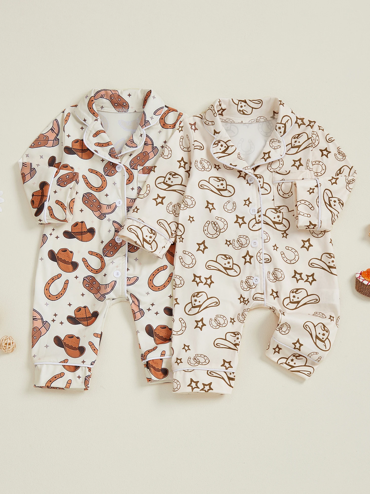 Girls Jumpsuits Jumpsuits-Western Up Pajamas Western Long Up Sleeve-Lapel-Collar Collar Button Button Durable