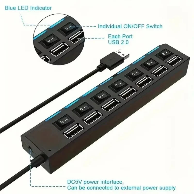 7‑Port USB 2.0 Multiport Splitter Hub With LED Light Individual Switch High‑Speed Expander Adapter For Laptop Home Computer
