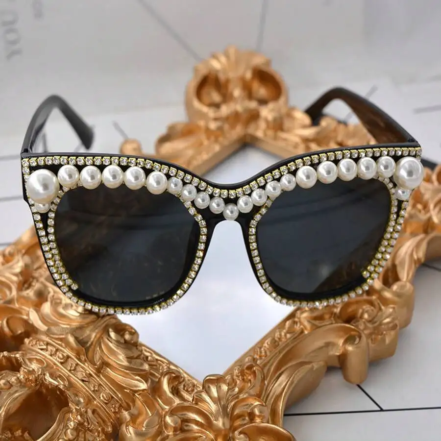 

Vintage Pearl Rhinestone Large Frame Cat Eye Fashion Sunglasses For Women