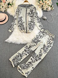 Women Sweater Two Piece Sets Autumn Winter Ink Painting Jacquard Zipper Hooded Cardigan Top High Waist Wide Leg Pants Tracksuits